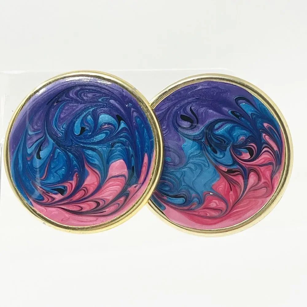 Vintage Costume Jewelry Metal Enamel Circle Post Earrings Purple Pink Abstract